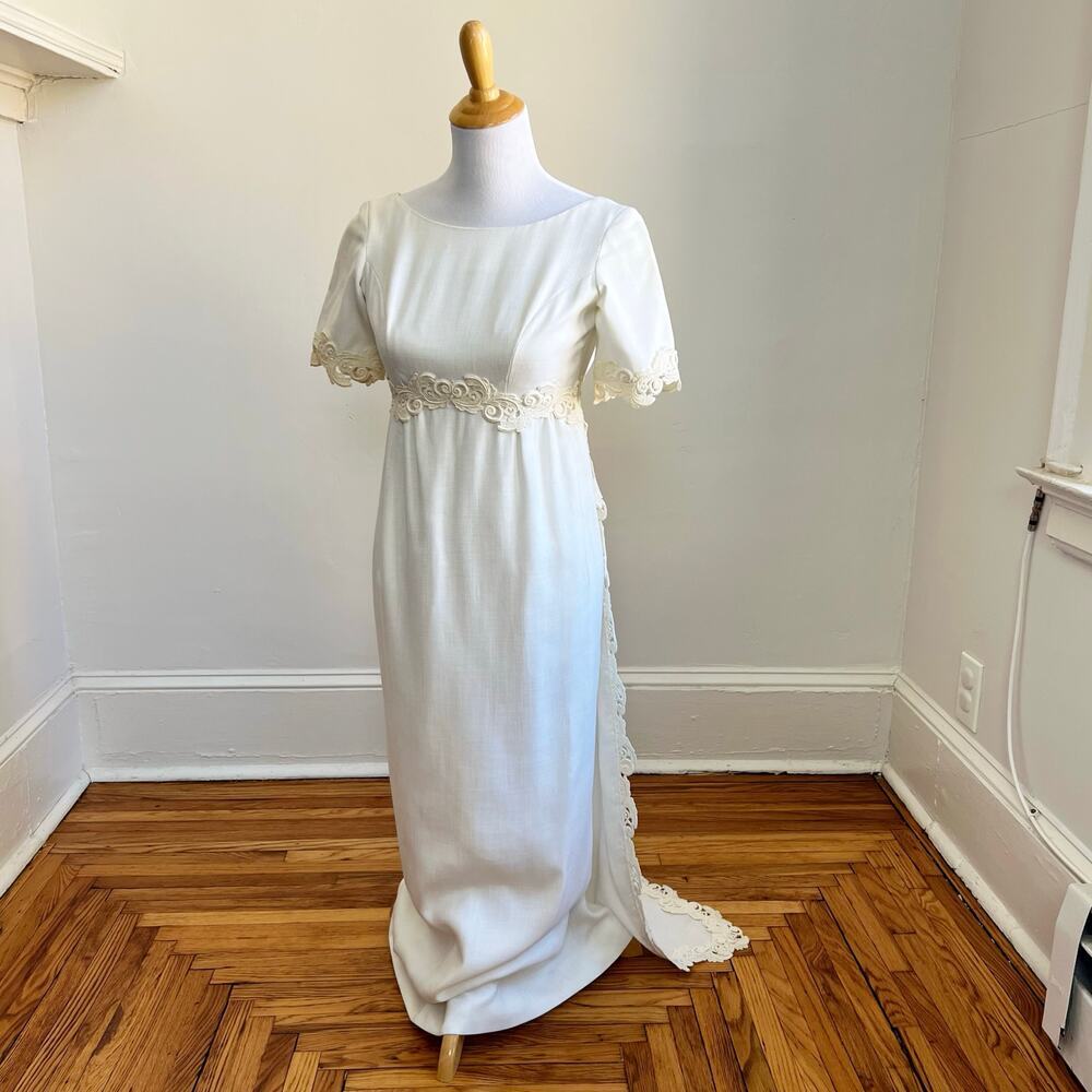 Vintage‎ 60s Linen Wedding Dress Murray Hamburger ILGWU Lace Trim Gown Train 2